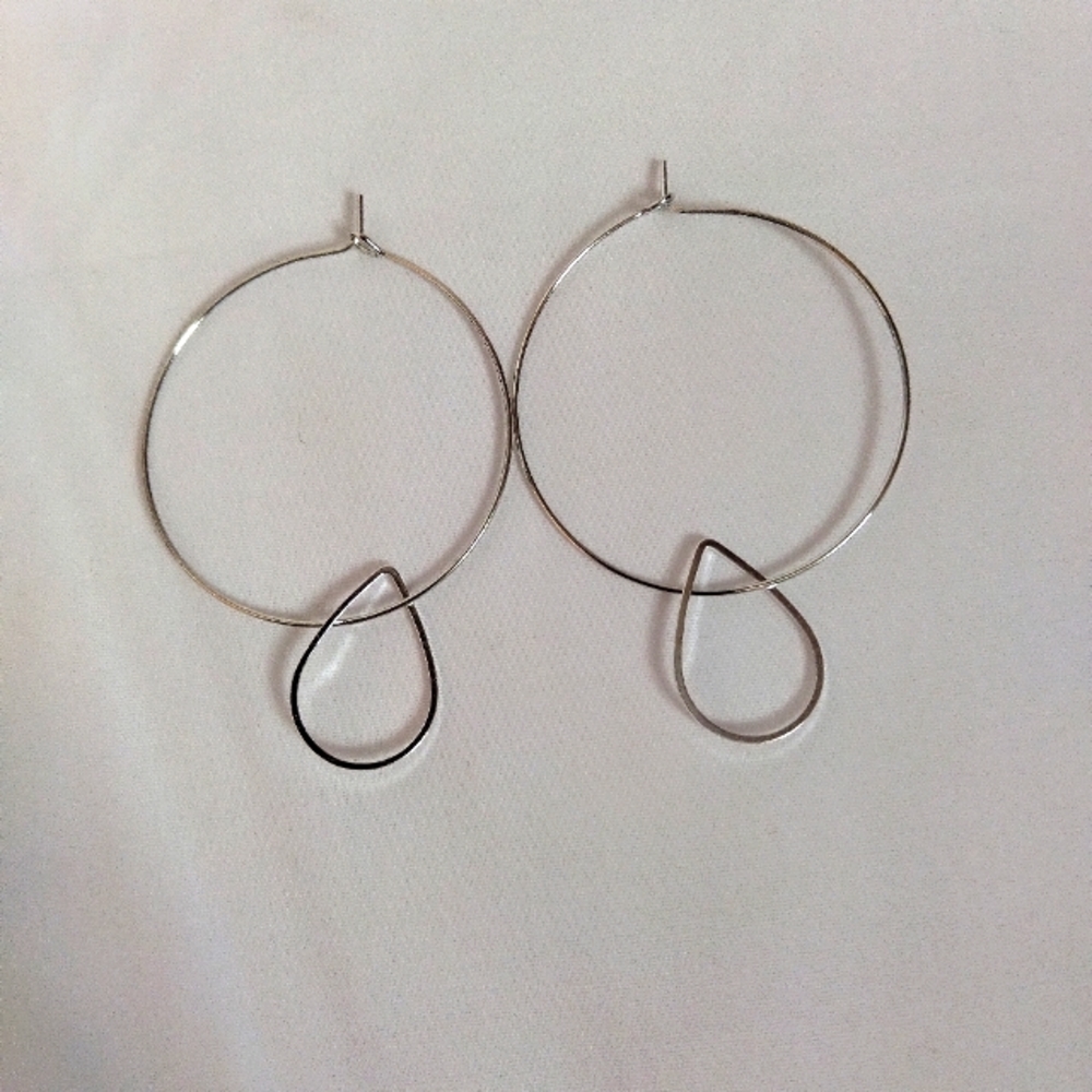 Geometric Teardrop Hoop Earrings Silver Plated 40mm hoops Handcrafted Unique